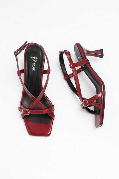 Elvessa Women's Burgundy Patent Leather 5 cm Thin Heels Cross Strap Buckle Detailed Stylish & Comfortable