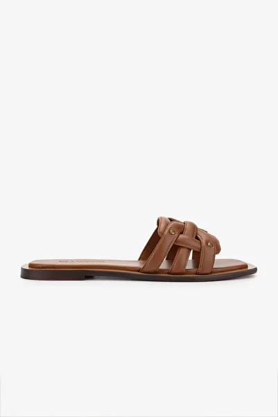 Valmenti Women's Genuine Leather Tan Flat Slippers