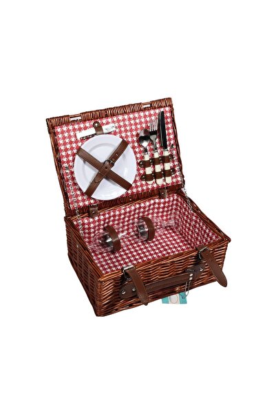 hectarul Picnic basket for 2 people, wicker, with tableware and utensils, brown/red