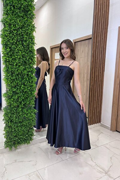 By Saygı Women's Thin Strap Lined Pocket Midi Satin Dress