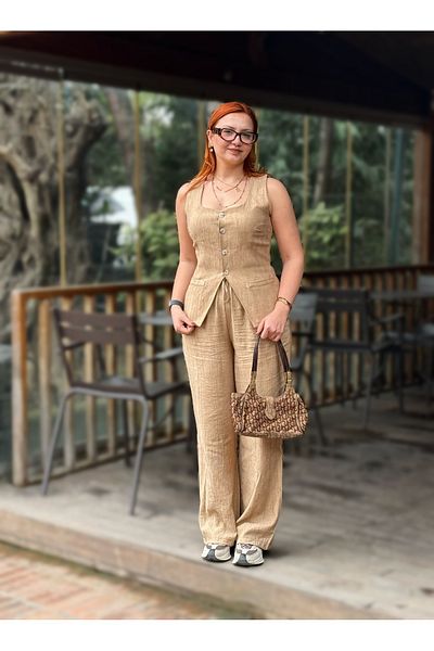 Tumtum Wear Women's Vest Pants Bottom Top Set with Belt Detail