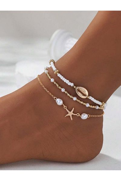 La Saade La Perla D'Oro- Bohemian Starfish Triple Anklet with Pearl and Shell Detail