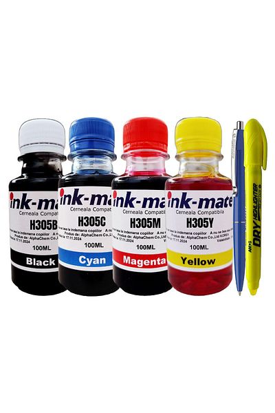 Ink-mate Set Flacone Cerneala Ink-Mate Comp HP305, 1x100ml Bk, 1x100ml C/m/Y, Pix si Textmarker