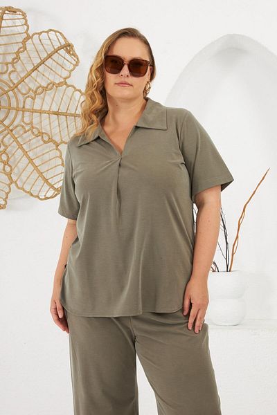 RMG Shirt Collar Short Sleeve Plus Size Bottom Top Set Khaki