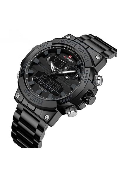 Naviforce Luxury All-Black Stainless Steel Analog-Digital Sports Chronograph Watch for Men