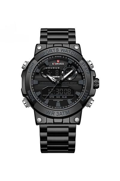 Naviforce Luxury All-Black Stainless Steel Analog-Digital Sports Chronograph Watch for Men