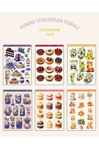 MirayDesign 6’lı Yummy Temalı Sticker Seti – 12x17 cm | Bullet Journal, Scrap...