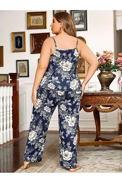 Findit Large Size Floral Patterned Thin Strap Navy Blue 2-Piece Suit
