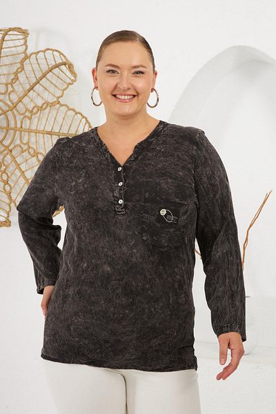 RMG Collar Crest Detailed Large Size Washable Blouse Black