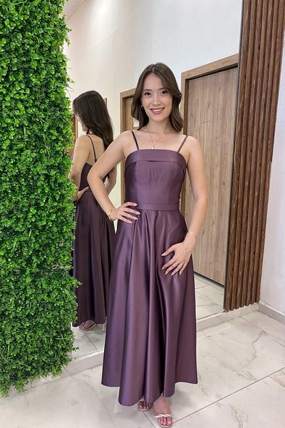 By Saygı Rochie midi din satin pentru femei, cu bretele subțiri, buzunare căptușite