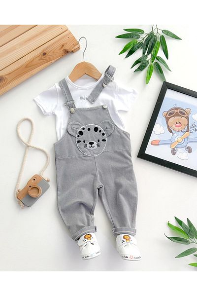 hümabebe Tiger Embroidery Knitted Denim Fabric Salopet Tshirt Summer Set of 2