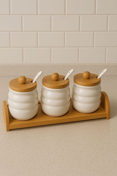 morponi Set of 3 Porcelain Spice Rack with Bamboo Stand and Spoon