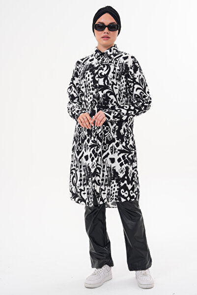 Polologin Butik Λευκό πουκάμισο-τουνίκ με μαύρο σχέδιο