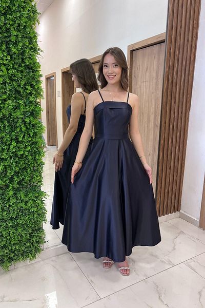 By Saygı Rochie midi din satin pentru femei, cu bretele subțiri, buzunare căptușite