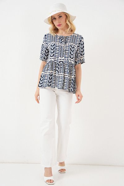 Bigdart Women's Patterned Short Sleeve Blouse 969 - Indigo