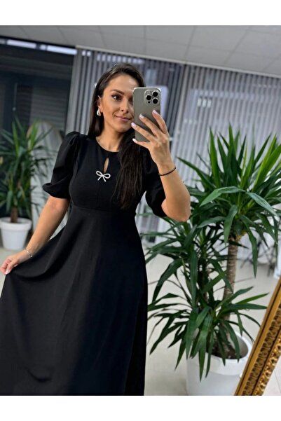 JANES Kadın Kısa Kollu Bisiklet Yaka Fiyonk Broşlu Midi Janjan Krep Elbise