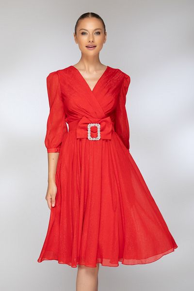 Atmosphere Fashion Red midi baby-doll dress with lame thread