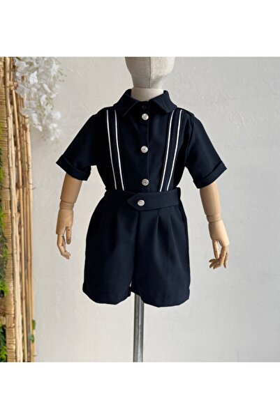 Sis and Bro Dark Blue Shorts Salopet - Dark Blue Shirt, Silver Button Detail, Luxury Children's Clothing