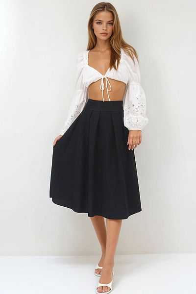 VAGGON Elastic Waist Zipper Closure Pleated Midi Length Skirt