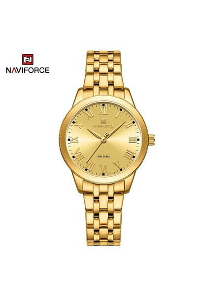 Naviforce Luxury and Timeless Gold Stainless Steel Analog Wrist Watch with Roman Numerals and Elegant Design