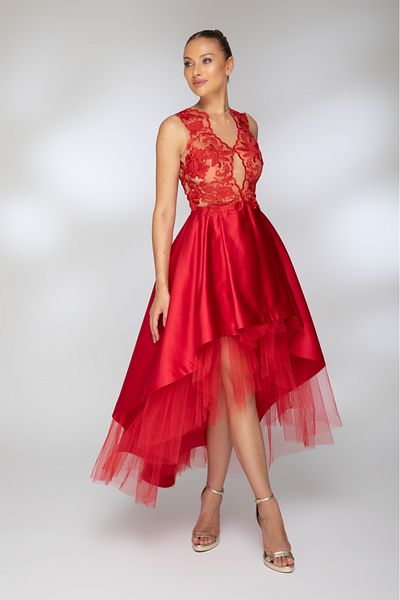Atmosphere Fashion Asymmetrical red dress with train and lace