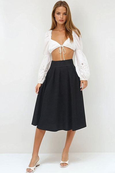 VAGGON Elastic Waist Zipper Closure Pleated Midi Length Skirt