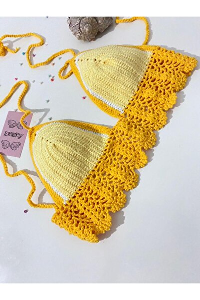 1çokşey El Yapımı Örgü Sarı Dantel Detaylı Bikini Üstü – Yazlık Crop Bikini Üst