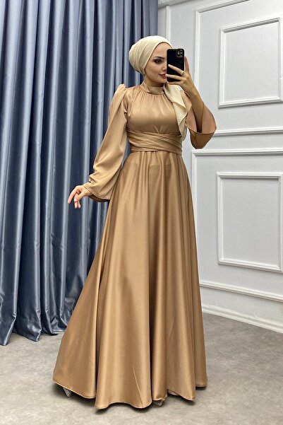 dubai showroom Bel bağlamalı Saten Elbise Caramel