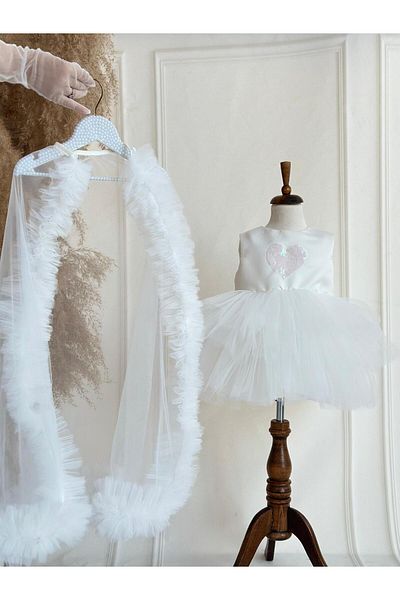 Hobidik Baby Girl Kids White Heart Sequined Tutu Special Occasion φόρεμα με αφαιρούμενη ουρά