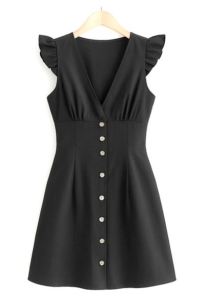 Little Visqon Women's ruffle sleeve v neck button down linen dress