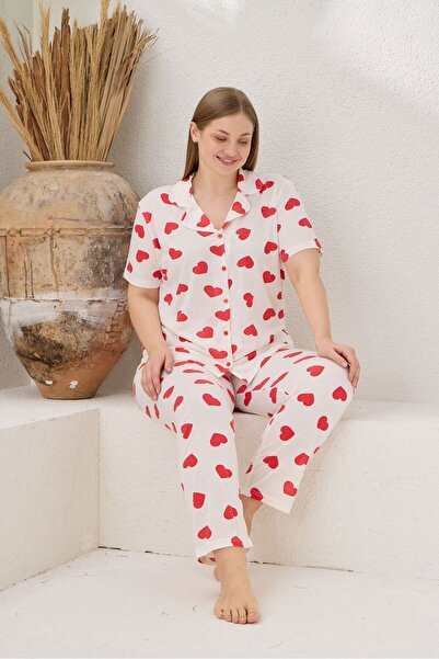 pijamacity Kadın Battal Beden Kısa Kollu Düğmeli Pijama Takımı