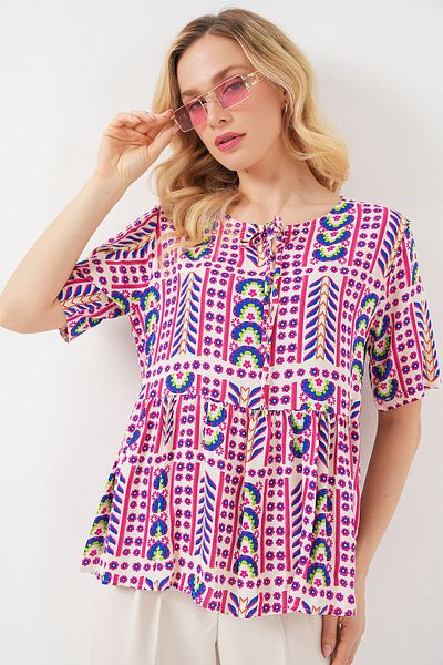 Bigdart Women's Patterned Short Sleeve Blouse 969 - Fuchsia