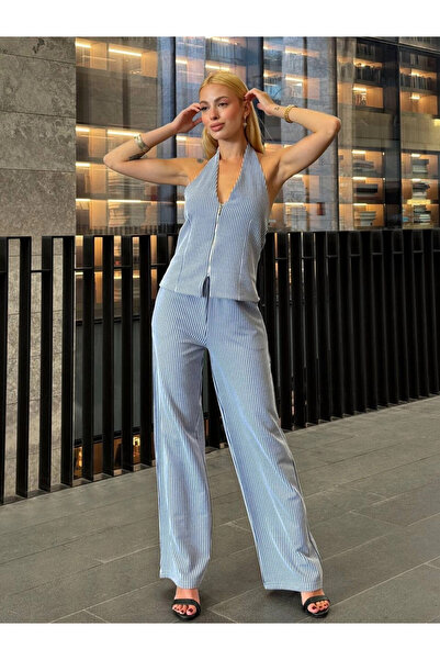 hazelin Bluză cu fermoar în față cu dungi Indigo pentru femei, pantaloni, set din două piese HZL25S-ZK13691