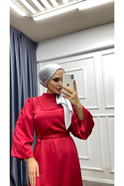 dubai showroom Balon Kol Saten Elbise Kırmızı