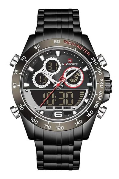 Naviforce NF9200 Men's Analog-Digital Sports Watch Black Stainless Steel Band Multi Function