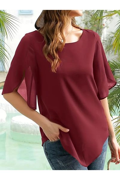 REKA MODA Women's Short Slit Sleeve Round Neck Chiffon Blouse