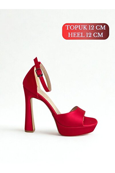 Favi Ayakkabı Plain Red Satin Single Strap High Platform Heeled Evening Dress Shoes