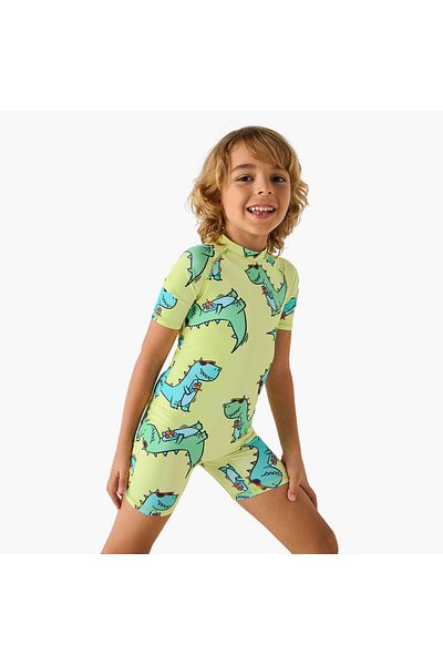 Juniors Dinosaur Print Swimsuit with Short Sleeves