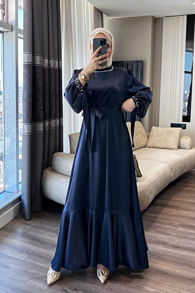 dubai showroom Yakası Ve Kolu Taşlı Saten Elbise Lacivert