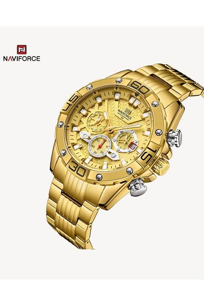 Naviforce Elegant Gold Chronograph Watch for Men Stainless Steel Band Luxury Business and Casual Style