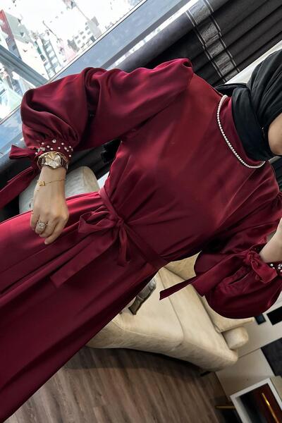 dubai showroom Yakası Ve Kolu Taşlı Saten Elbise Bordo