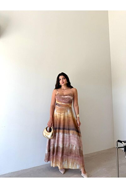 Bade Butik Καφέ Φόρεμα με ντραπέ Κρεμάστρες Μπροστά