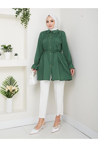 HARMAN BUTİK Cămașă verde cu dantelă cu nasturi pentru damă