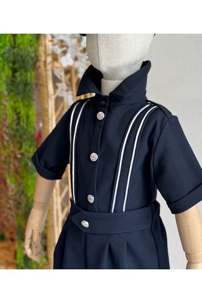 Sis and Bro Dark Blue Shorts Salopet - Dark Blue Shirt, Silver Button Detail, Luxury Children's Clothing