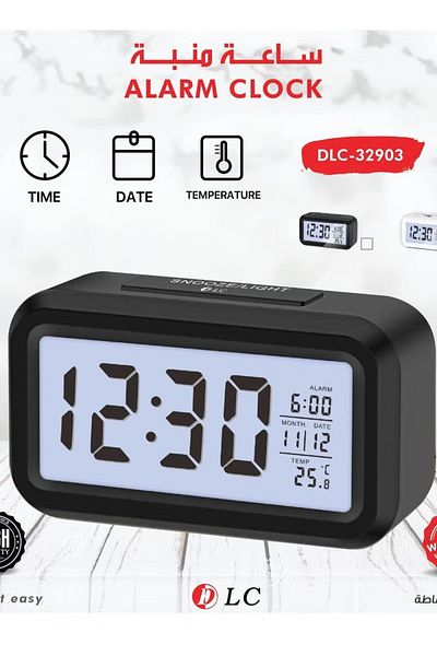 DLC Digital Alarm Clock Showing Date and Temperature