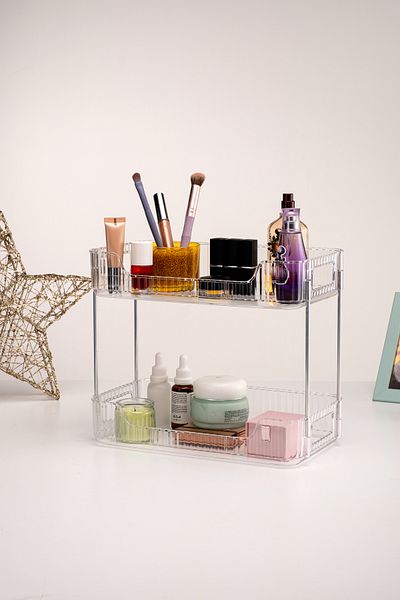 Evrio 2 Tiers Crystal Makeup Organizer Decorative Cosmetic Jewelry Accessories Organizer Bathroom Shelf Transparent
