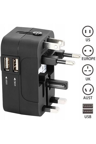 DexXer Universal travel charger adapter with 2xUSB for EU, USA, UK, AUST, Black