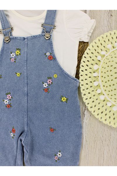 EYMİRGİYİM White Straw Hat, Floral Salopet Baby Girl Kids 3 Piece Set 6/9 Months, 9/12 Months, 12/18 Months, 18/24 Months
