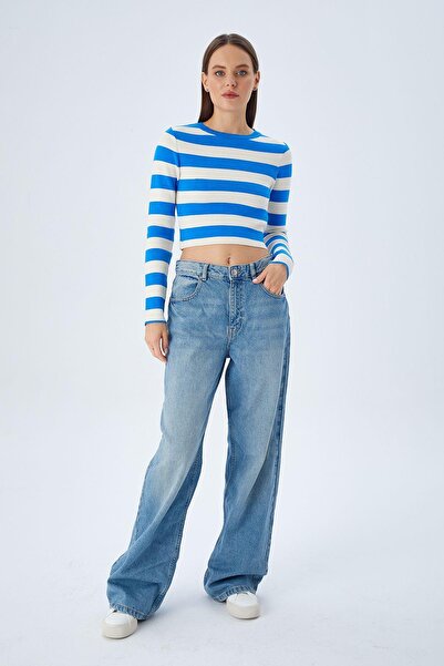 Mixray 6644 Women's Crew Neck Striped Sweater Dark Blue