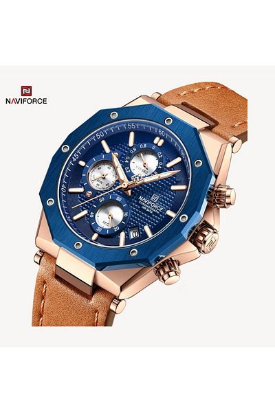Naviforce Men's Chronograph Sports Watch Blue Dial Rose Gold Bezel Leather Strap Water Resistant